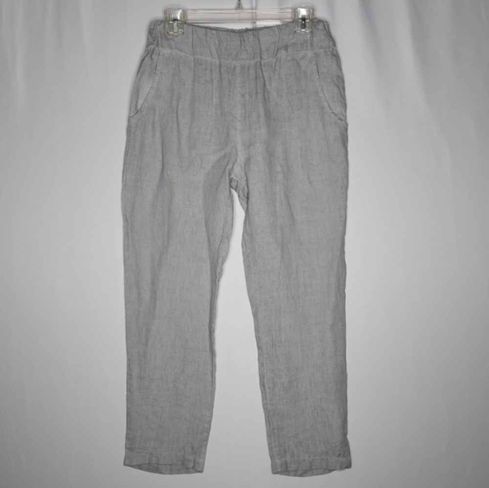 Bella Amore Linen Pants Women Medium‎ Gray Elastic Pull-on Ankle Coastal Italy